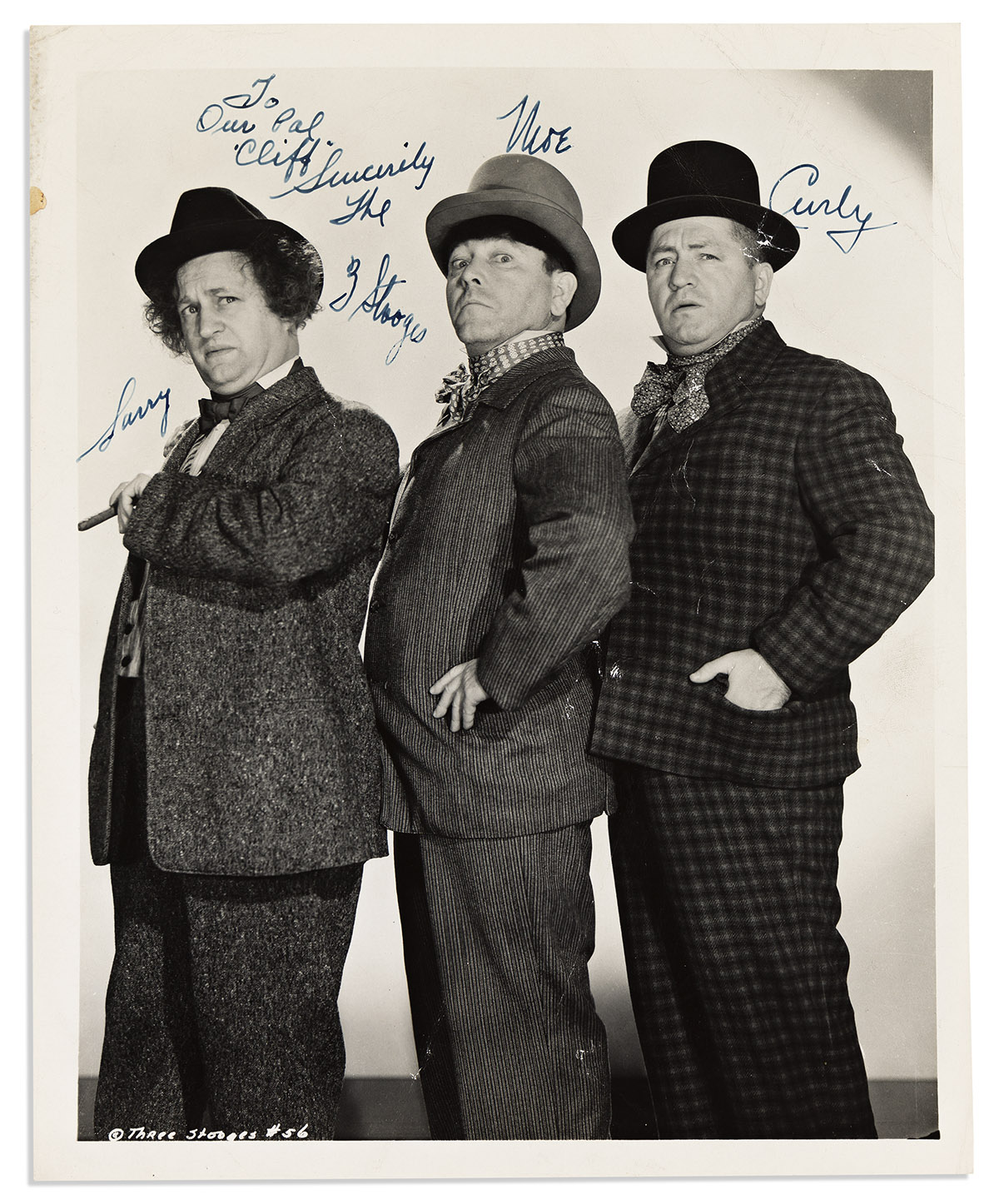 (ENTERTAINERS.) THREE STOOGES, THE. Photograph Signed by Larry Fine, Moe Howard, and Curly Howard (Larry, Moe, Curly),